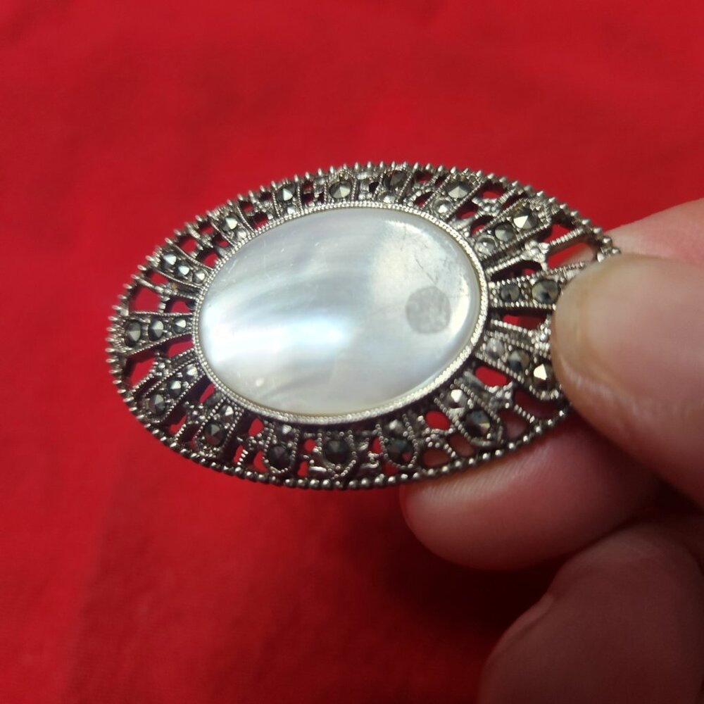 1928 Jewelry Earrings & Brooche Faux MOP Moonstone Silver Art Deco Victorian 80s - Picture 7 of 9